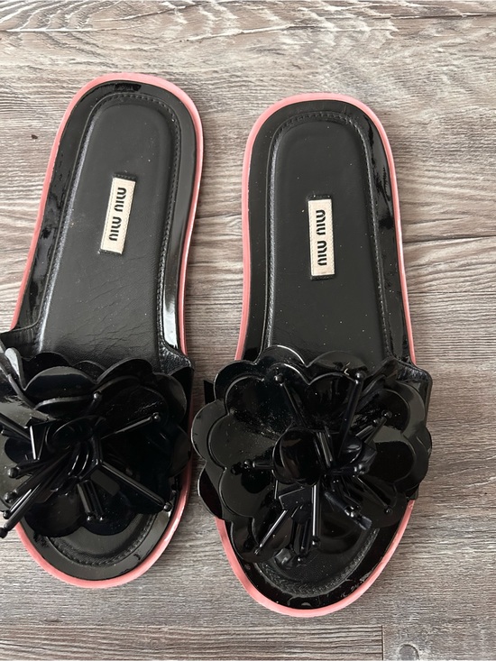 Miu Miu Shoes - Miu Miu Black Patent Slide Sandals with Pink Trim and Flower Appliqué